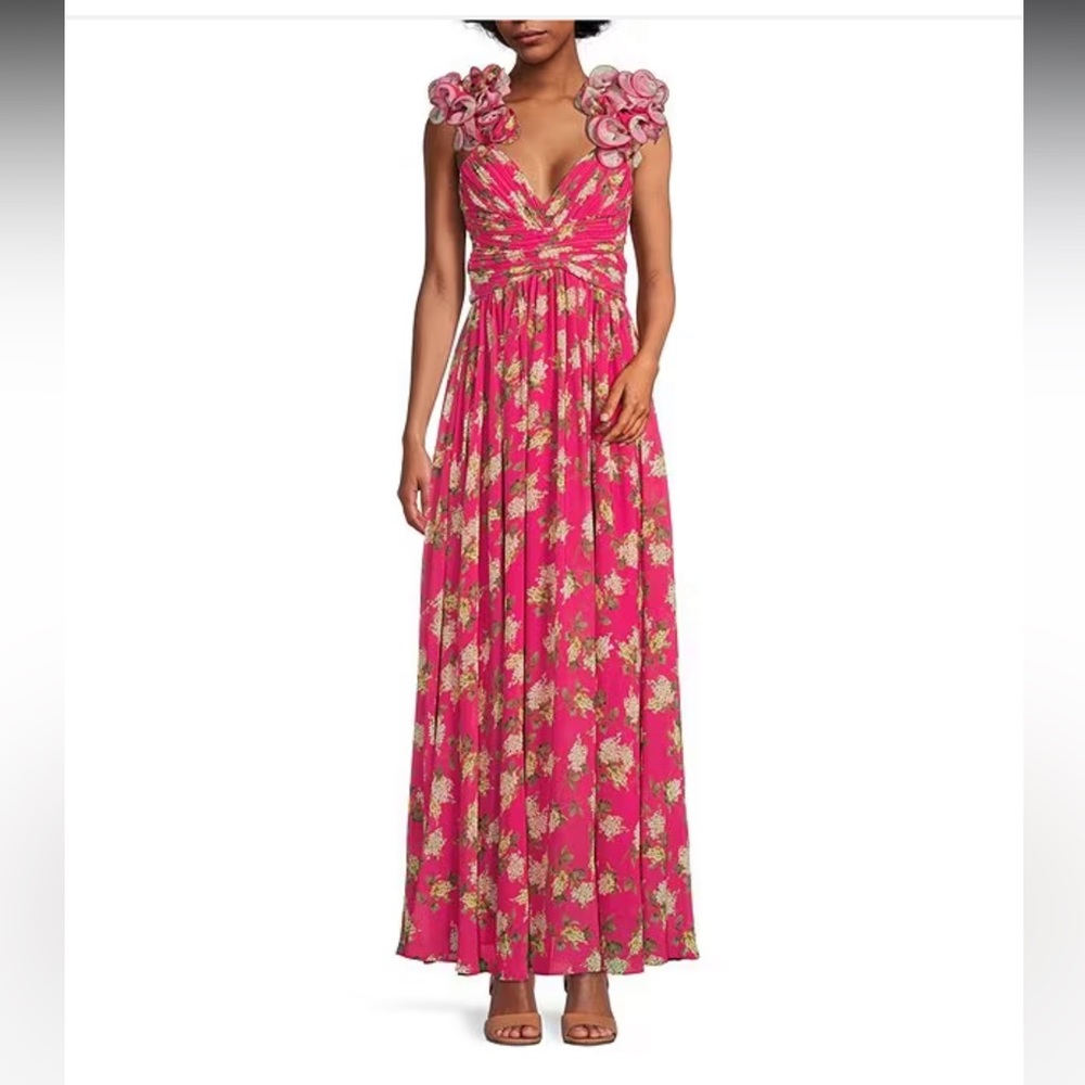 ANTONIO MELANI Manila Floral Print Rosette Sleeveless V-Neck Maxi Dress